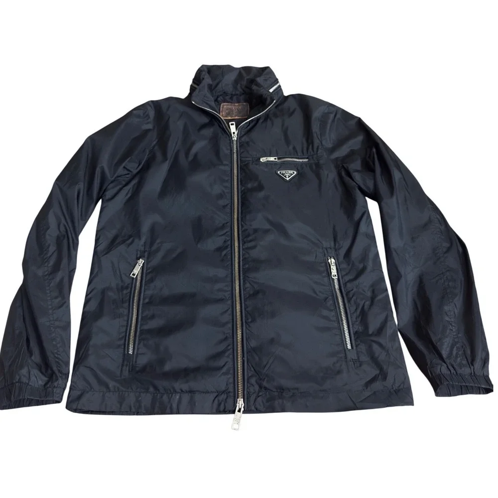 Black Nylon Jacket Full Zip Lightweight Triangle Logo Luxury Designer